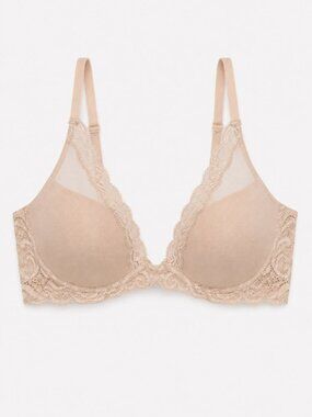 Natori Feathers Plunge T-Shirt Bra 34D Nude Beige Lace 730023 FLAW